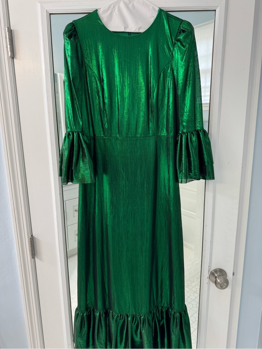 Pomander Place Shimmering Emerald Green Midi Dress with Ruffle Sleeves